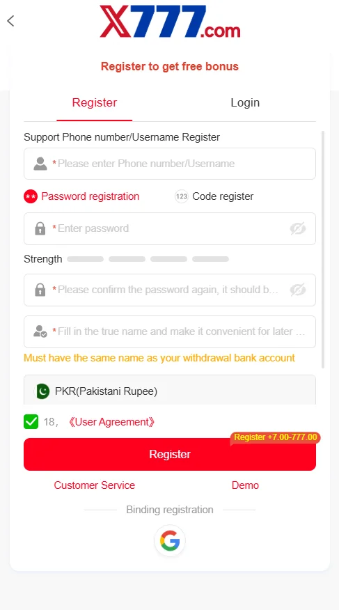 X777 Game Register